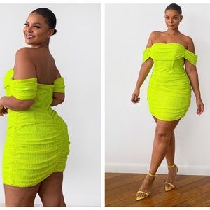 Sequined, Off the Shoulder Party Dress (Lime)